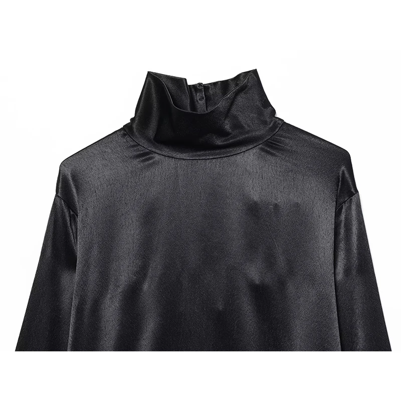 Asymmetry Black Satin Elegant Long Blouse Woman 2025 Women's Irregular Loose Stand Neck Long Sleeve Shirts And Blouses Top ﻿