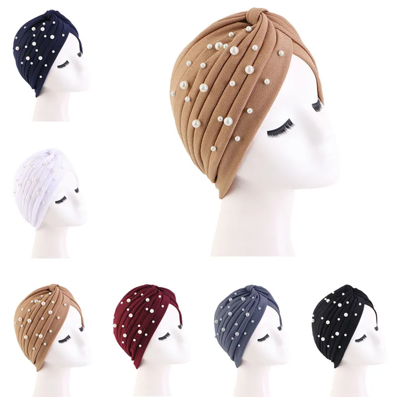 2024 Solid Folds Pearl Musulmano Indiano Turbante Sciarpa Donna Islamico Interno Hijab Caps Arabo Wrap Head Femme Musulman Turbante Mujer