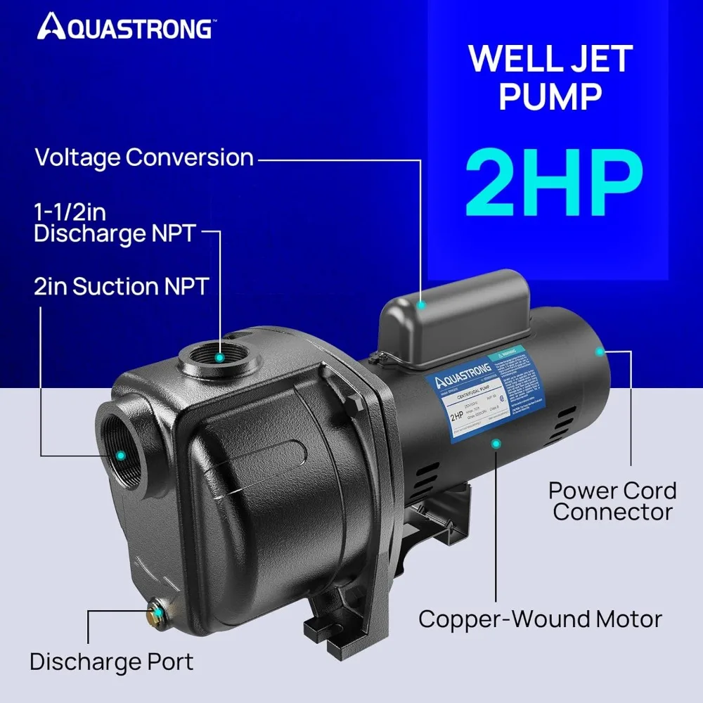 2 HP Shallow Well Pump, 5200 GPH, 230V, Cast Iron Jet Centrifugal Pump for Lawn Sprinkler Garden Irrigation