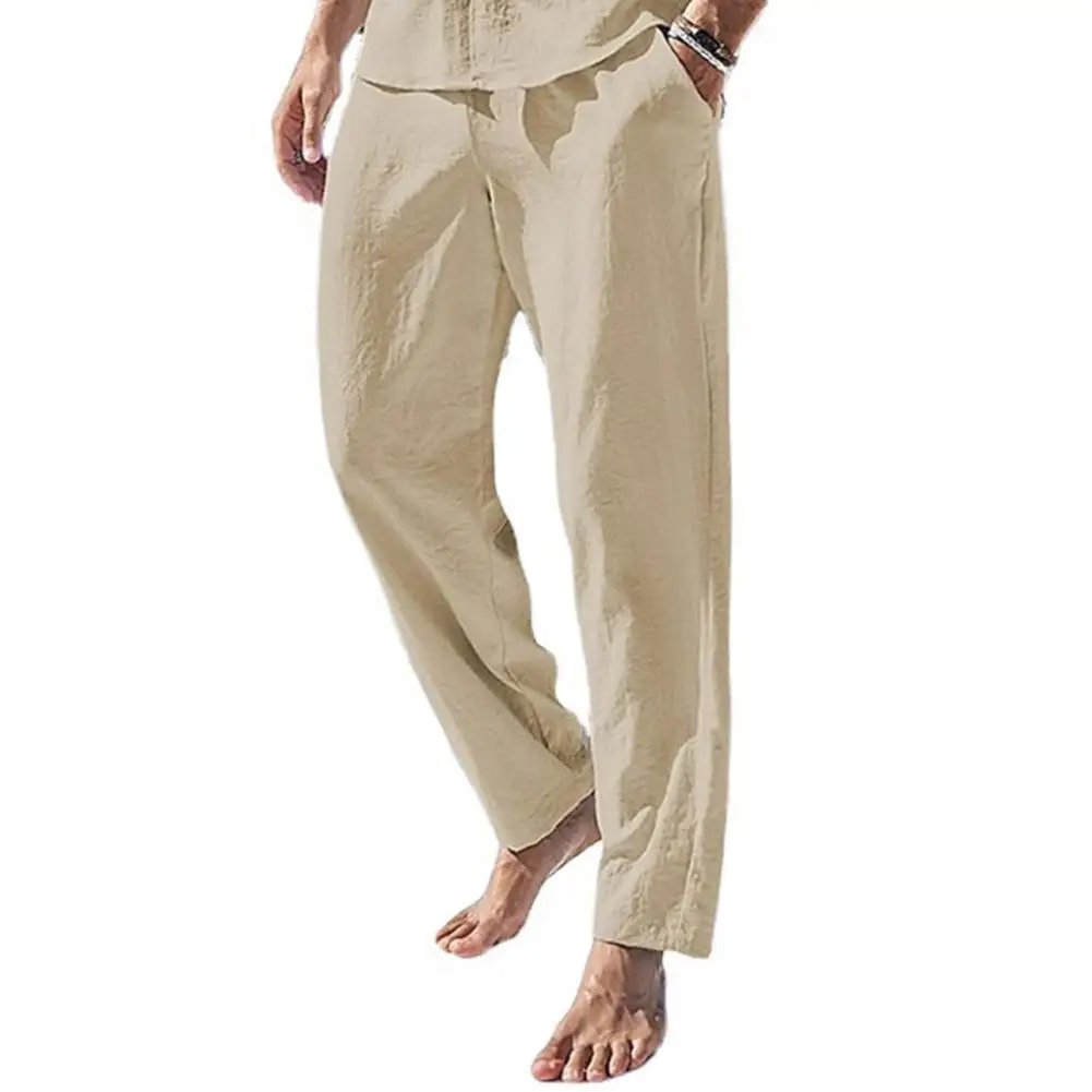 

Men Straight Leg Pants Pockets Thin Mid Waist Elastic Waist Comfortable Long Trousers 한국 가을옷