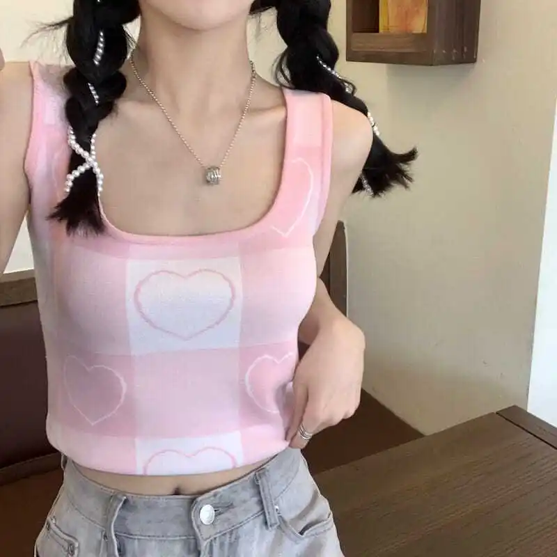 

Love-printed Camisoles Women Design Sweet Knitted Preppy Style Fresh Crop Top Sexy Sleeveless Ulzzang Slim Panelled Tank Tops