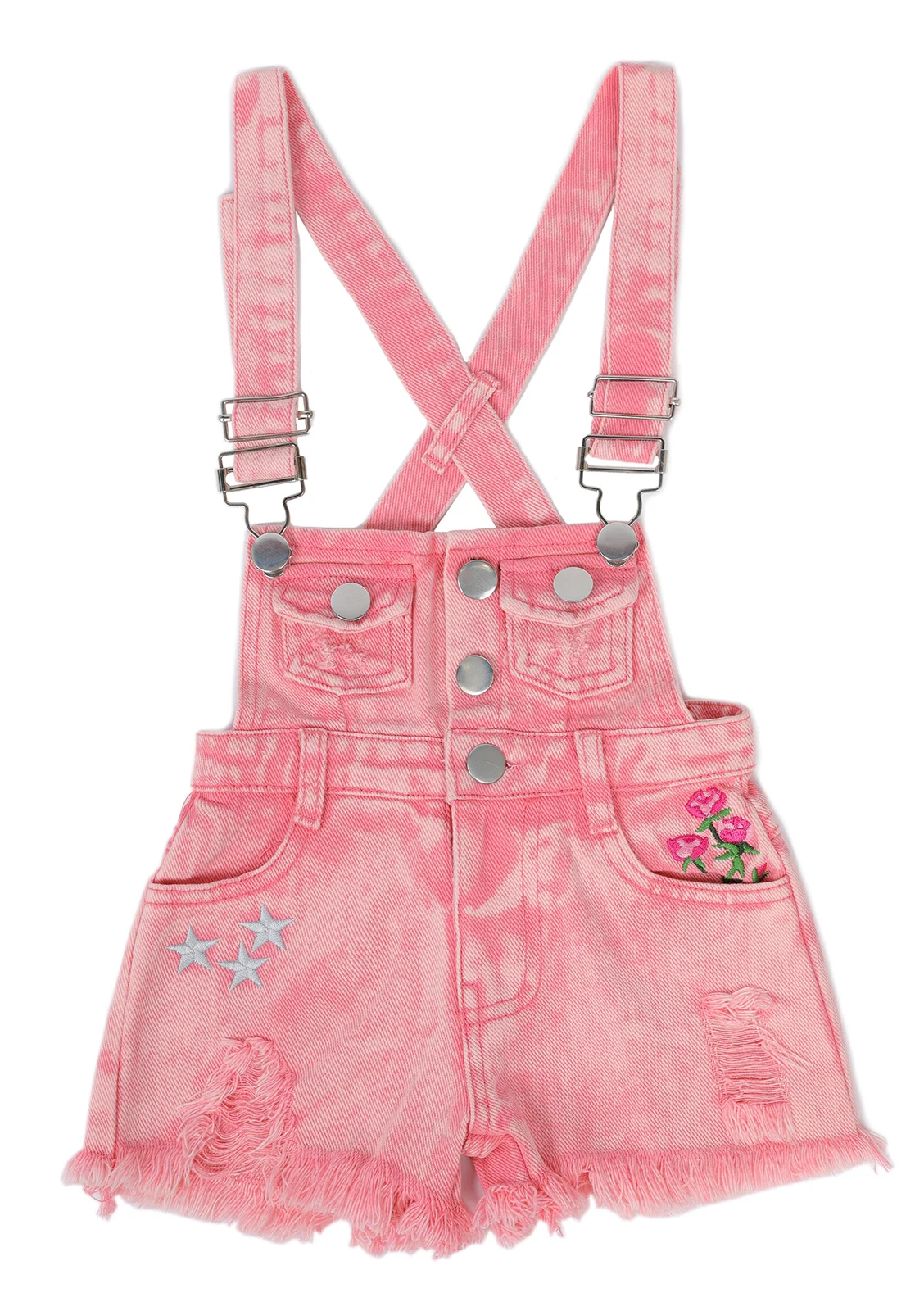 

Kidscool Space Little Girls Denim Shortalls Stars Rose Embroidered Raw Edge Ripped Fashion Short Overalls