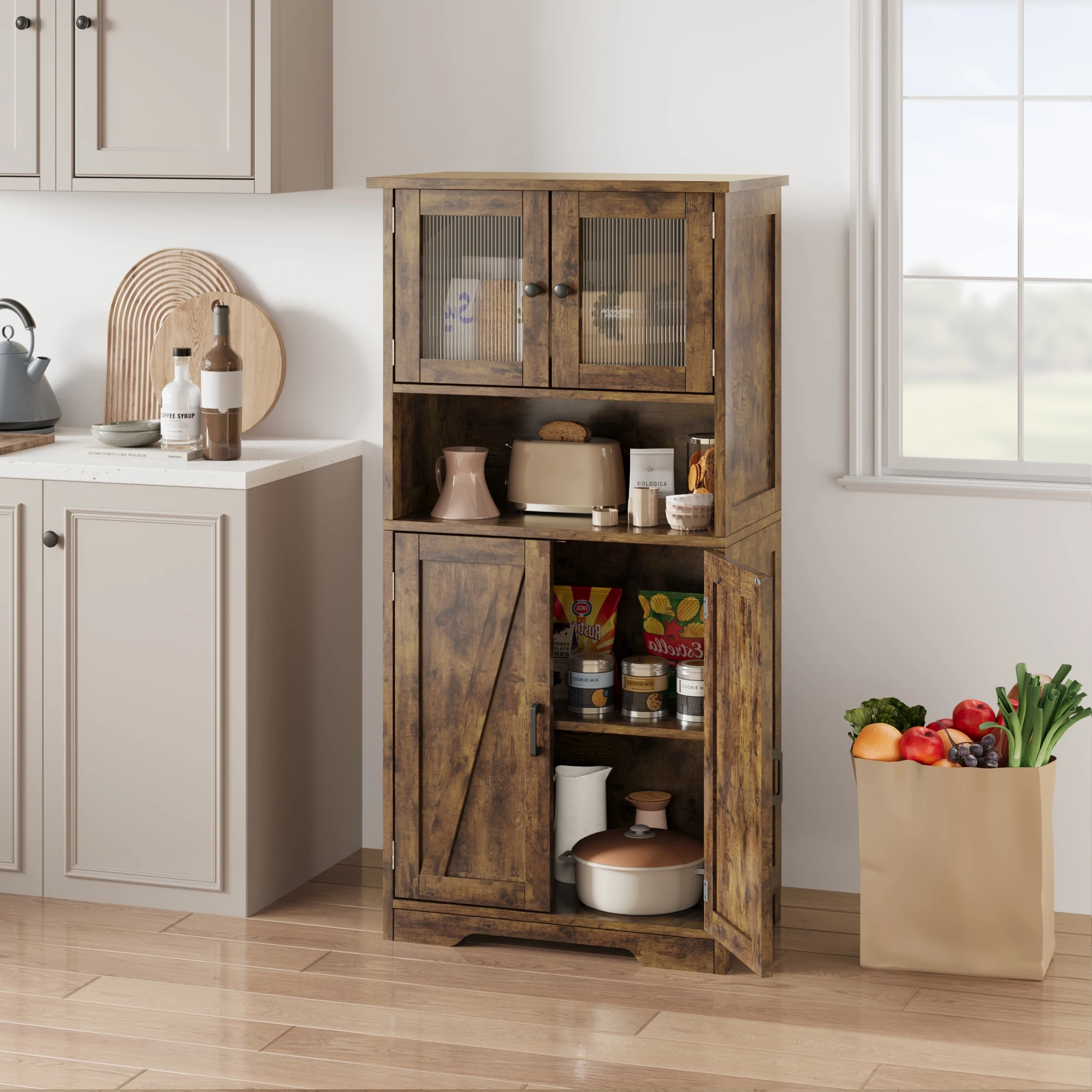 Bathroom Cabinet, White Freestanding Floor Linen Storage Cabinet, Kitchen Pantry Storage Cabinet with Glass Doors