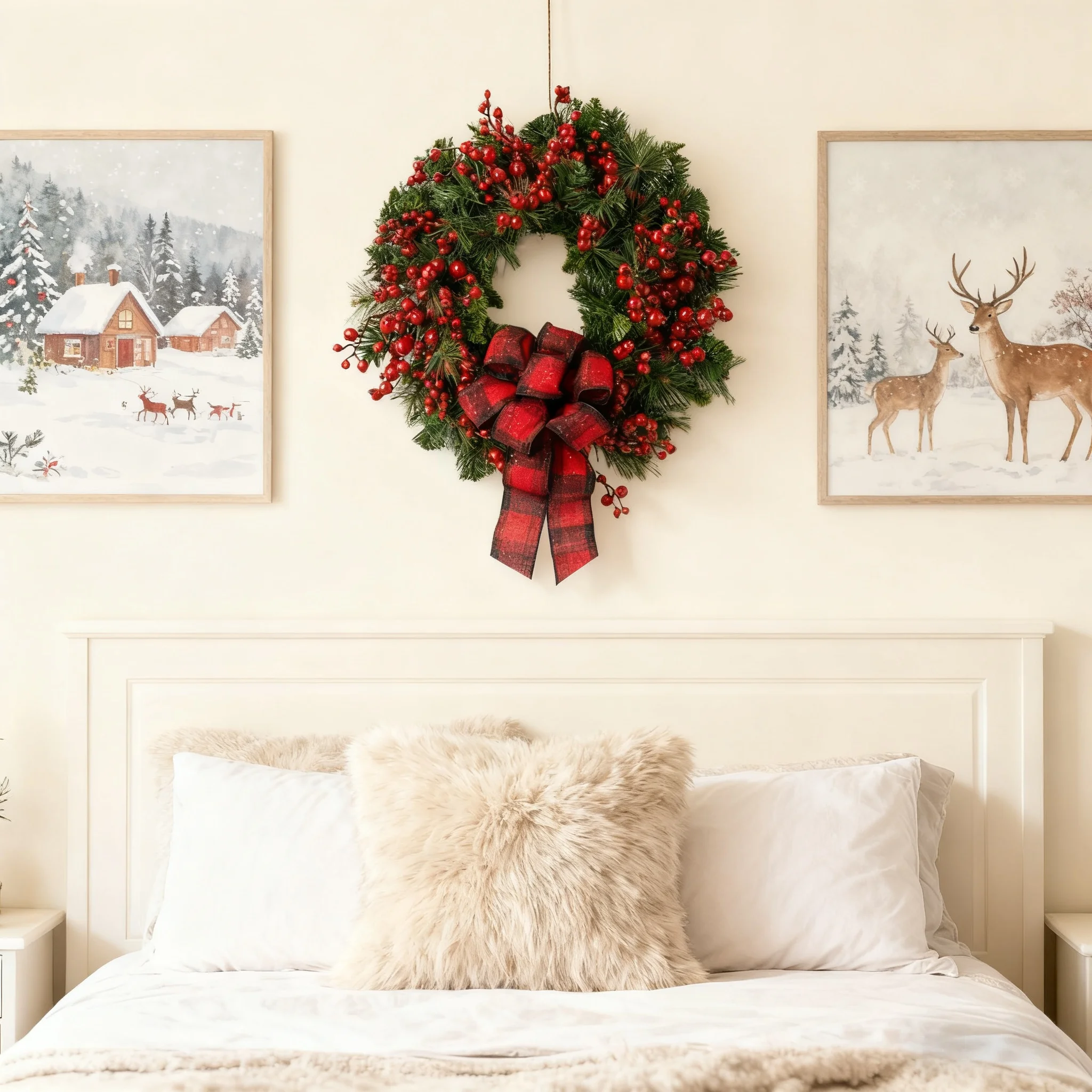 1 Stück 15,75 Zoll Weihnachtskranz mit roten Früchten, geeignet als Türdekoration, Heimdekoration, Simulationsblumenkranz_voghion.com