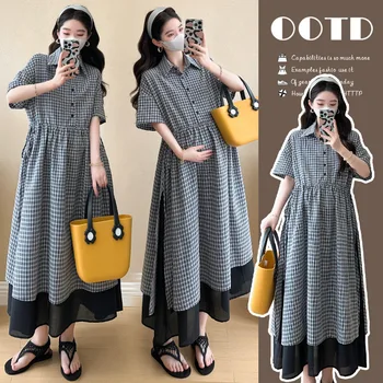 Summer Maternity Dress: Fashionable Checkered Fake Two-Piece Shirt Dress - Stylish & Comfortable Pregnancy Wear for Trendy Moms