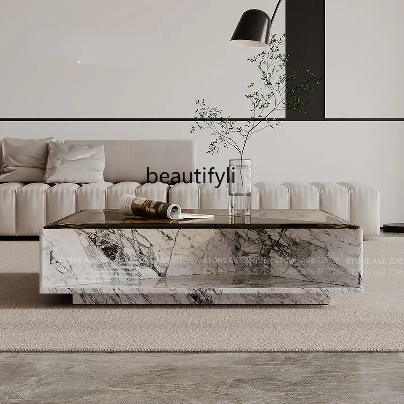 

zq Square Natural Marble Coffee Table Square Tempered Glass Small Apartment Stone Plate Office