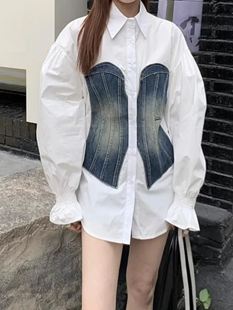 JNMC 긴팔 패치워크 데님 라펠 싱글 브레스트 허리 셔츠, 용수철 및 여름 신상 디자인, 2024