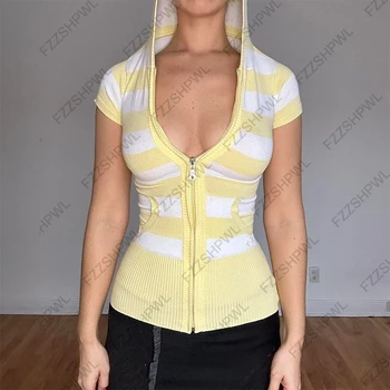 Harajuku Women's T-shirt Aesthetically Stylish Chic Striped Casual Slim Fit Sexy Retro American Style Hooded Short-Sleeve Tops 1
