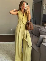 Ensemble gilet et pantalon en coton et lin pour femmes, respirant, sans manches, col en V profond, coupe ample, tenue décontractée pour les déplacements quotidiens, 2025 3