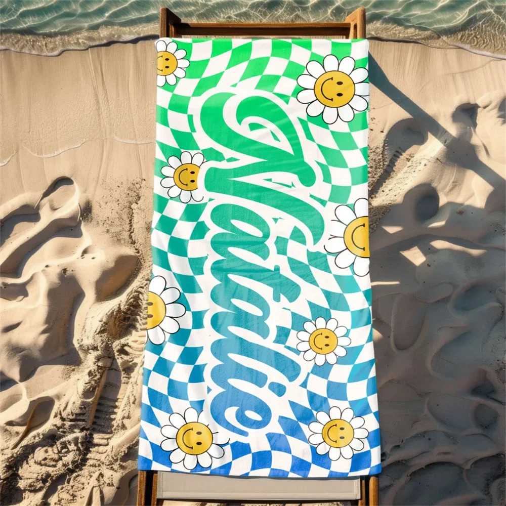 Personalized Daisy Grid Name Beach Towel, Custom Monogram Pool Towel, Signature Beach Towel For Kids, Vacation Gift Picnic Towel