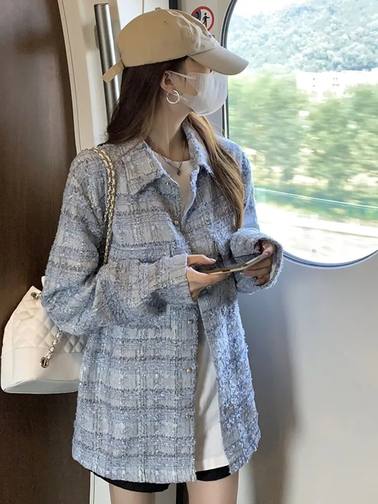 

SMTHMA Chic Blusas Elegant Shirts Women Korean Fashion Blue Blouses Women Plaid Tweed Shirt Vintage Loose Tops Female