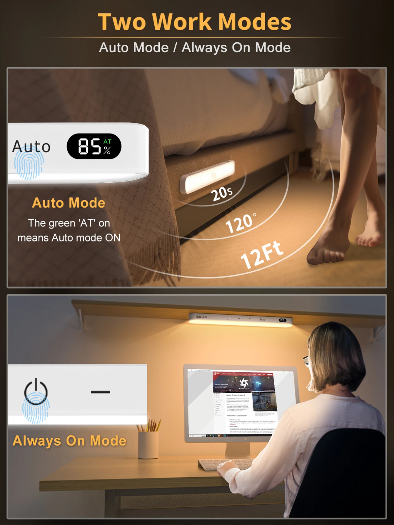 WILLED Warm Light Motion Sensor Cabinet Light Battery Display 60 LED Touch Light Bar Wireless Rechargeable Battery Night Light 3