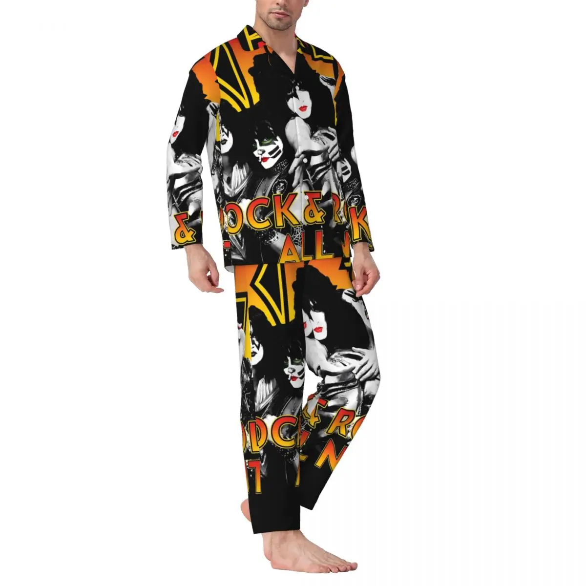 Men Pyjamas Kiss Band Pajama Sets 2 Pieces for Men Long Sleeve Casual Sleep