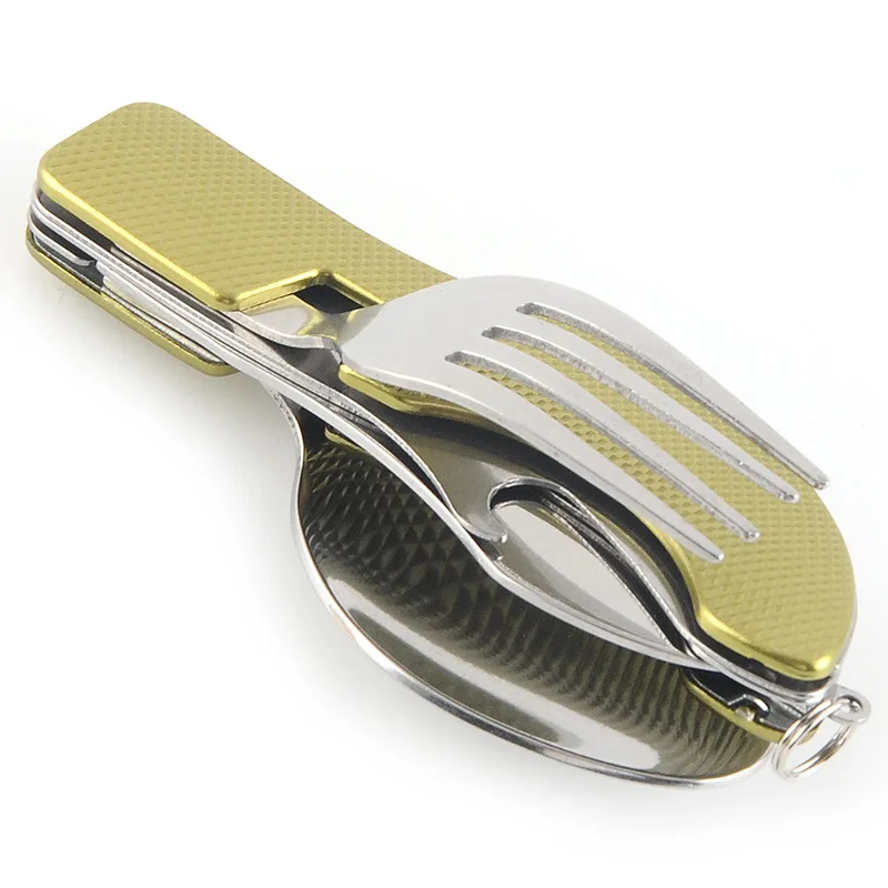 Portable tableware Stainless Steel 4-In-1 Foldable Tablespoon Set Spoon Knife Fork Bottle Opener Folding Pocket Kits Outdoor Tableware Set