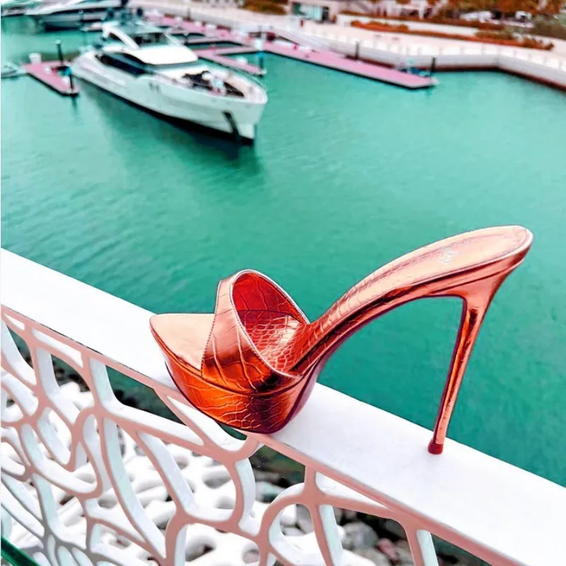 

Woman Slippers Sandals Platform 2023 Nightclub Sexy High-heeled 15cm Slippers Heels Waterproof Thick Bottom Red Brown Purple