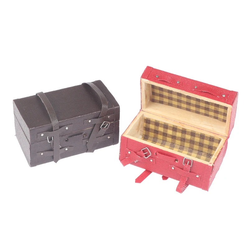 1pcs 1/12 Dollhouse Miniature Vintage Leather Wood Suitcase Mini Doll Luggage Box Pretend Play Furniture Toys Accessories