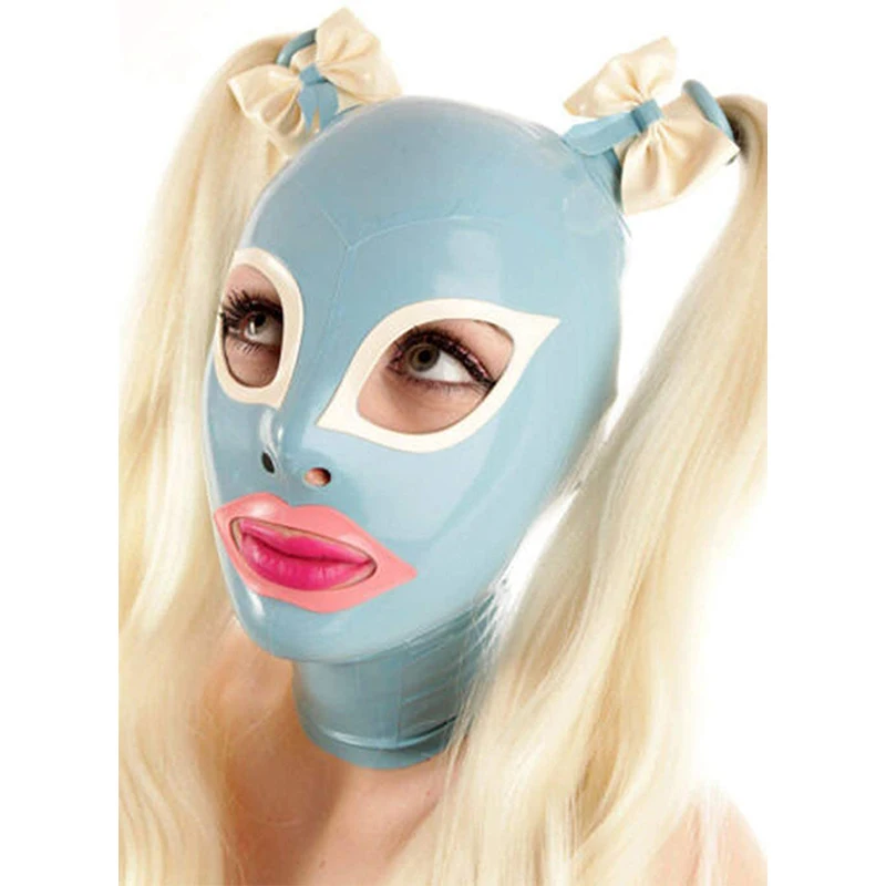 

Sexy Blue Latex Hood with Double Pigtail Gummi Rubber Mask for Catsuit Party Wear Club Cosplay