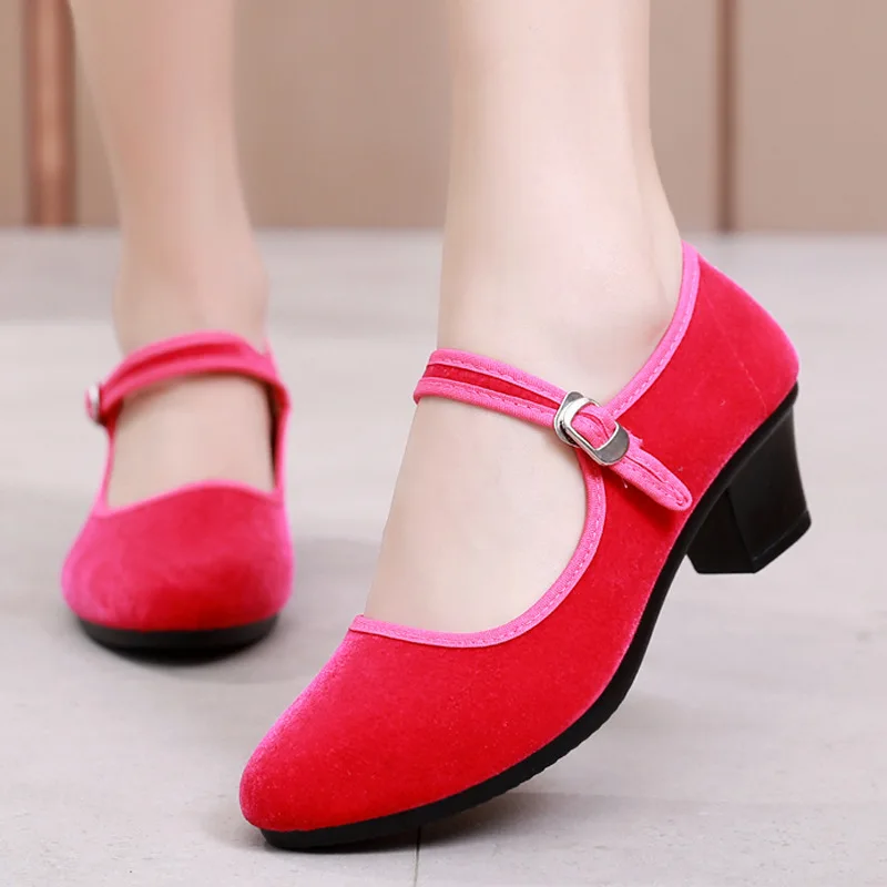 34-40 Women High Heels Shoes Spring Autumn Pumps Platform Old Beijing Cloth Shoe Casual Zapatos Buckle Strap Solid Work Footwear 5