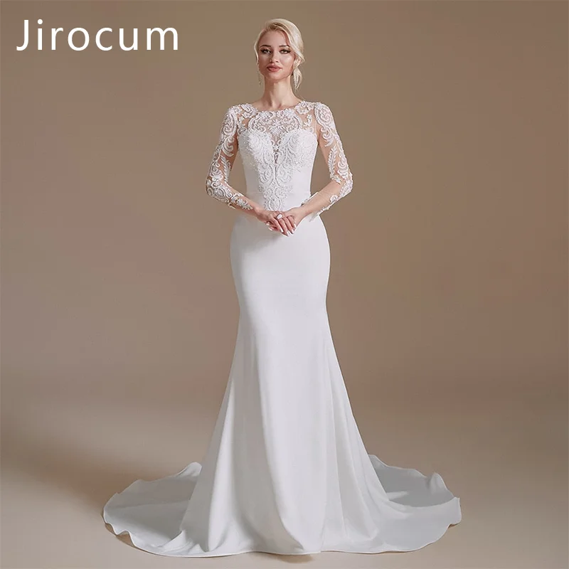 

Jirocum 2023 New Long Sleeve French Light Wedding Dress Fish Tail Satin Bridal Temperament Lace Applique Wedding Dress Simple Ro
