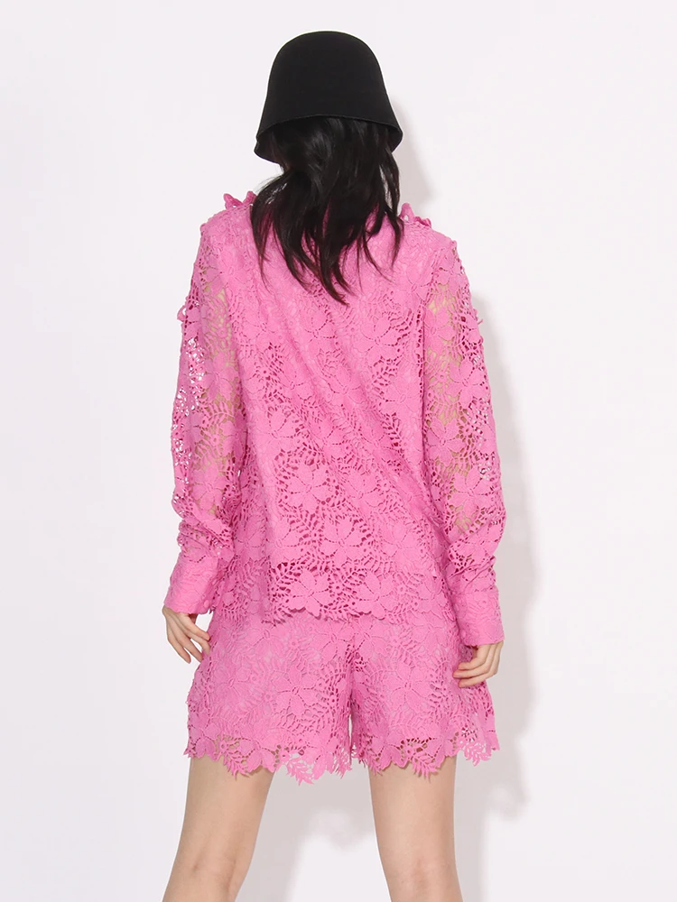 GALCAUR Embroidery Elegant Two Piece Sets For Women Lapel Long Sleeve Tops High Waist Casual Shorts Spliced Appliques Set Female