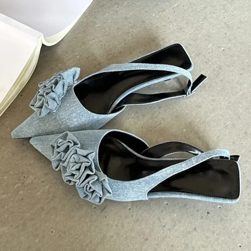 

New Design Flower Pointed Toe Women Pumps Fashion Buckle Strap Slingback Sandal Women Luxury Low Heels Mules Shoes Zapatos Tacon