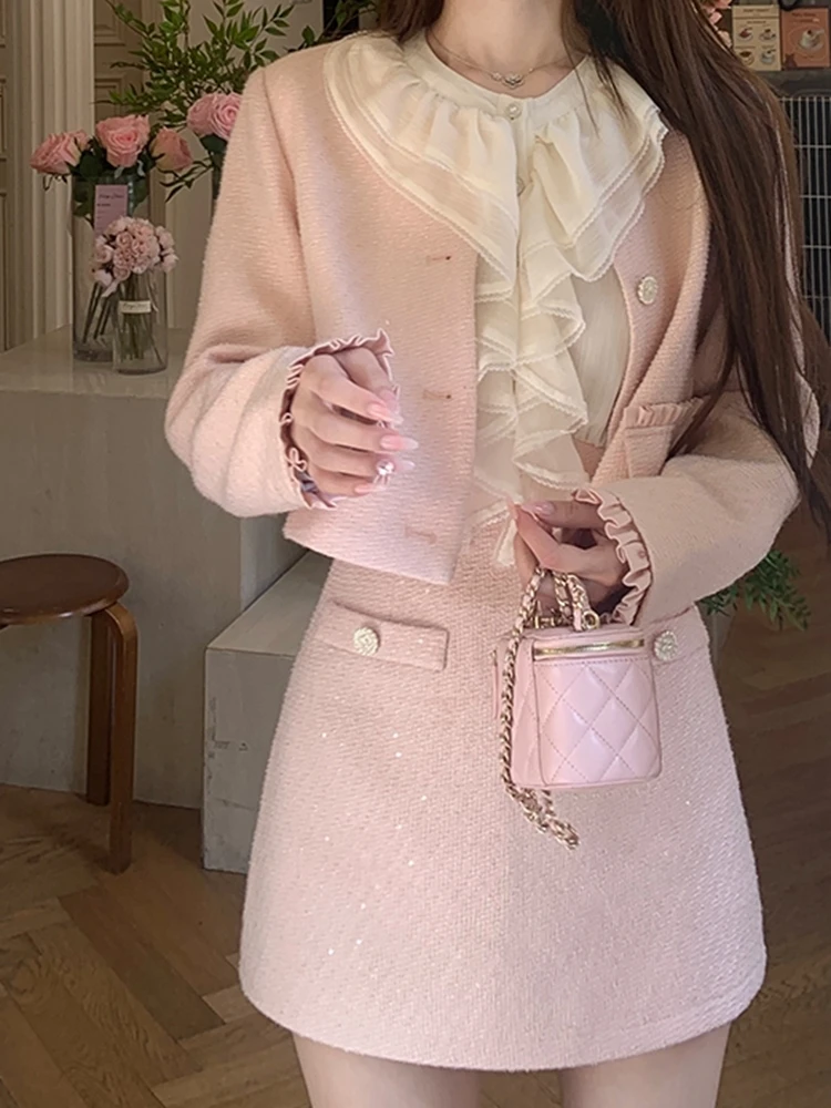 

High Quality French Small Fragrance Two Piece Set Women Tweed Jacket Coat + Patchwork Dress Sets Girls' Sweet Chic 2 Piece Suits