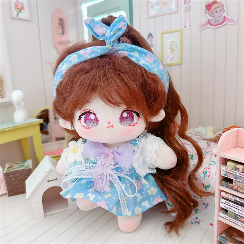 20cm Kawaii Blue Flower Dress Doll Clothes Cute Horsetail Idol Doll Outfit Accessories Overall for Star Plush Toys Girls Gifts 1pcs fashion doll s denim overall bib pants for ob 11 molly doll 1 8 1 12 bjd doll clothes accessories