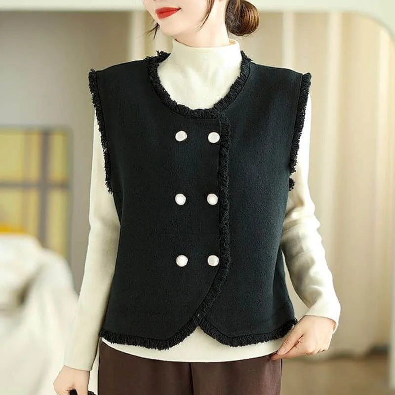 

Solid Waistcoats for Women Loose O-neck Double Breasted Buckle Vest Casual Sleeveless Cardigans Korean Style Coats Women Tops
