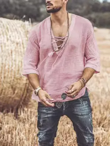 Faionable Casual Loose Middle-Sve V-Ne T-irt for Men Breathable Comfortable Pure Color irt with Belt at Chest