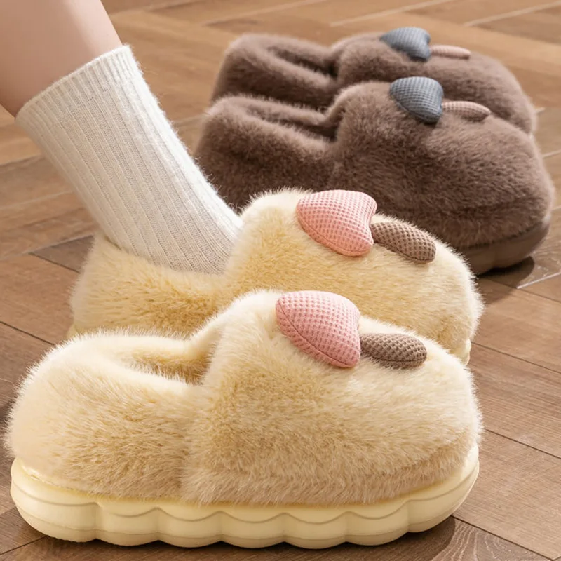 Cartoon Mushroom Fluffy Slippers Women Bag Heel Warm Indoor Cotton Shoes Woman Soft Faux Fur Thick Sole House Shoes Mujer