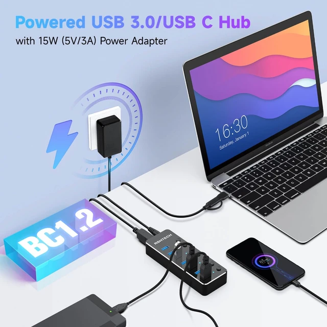 USB Hub 3.0 Splitter,7 Port USB Data Hub with Individual On/Off Switches  and Lights for Laptop, PC, Computer, Mobile HDD, Flash Drive and More