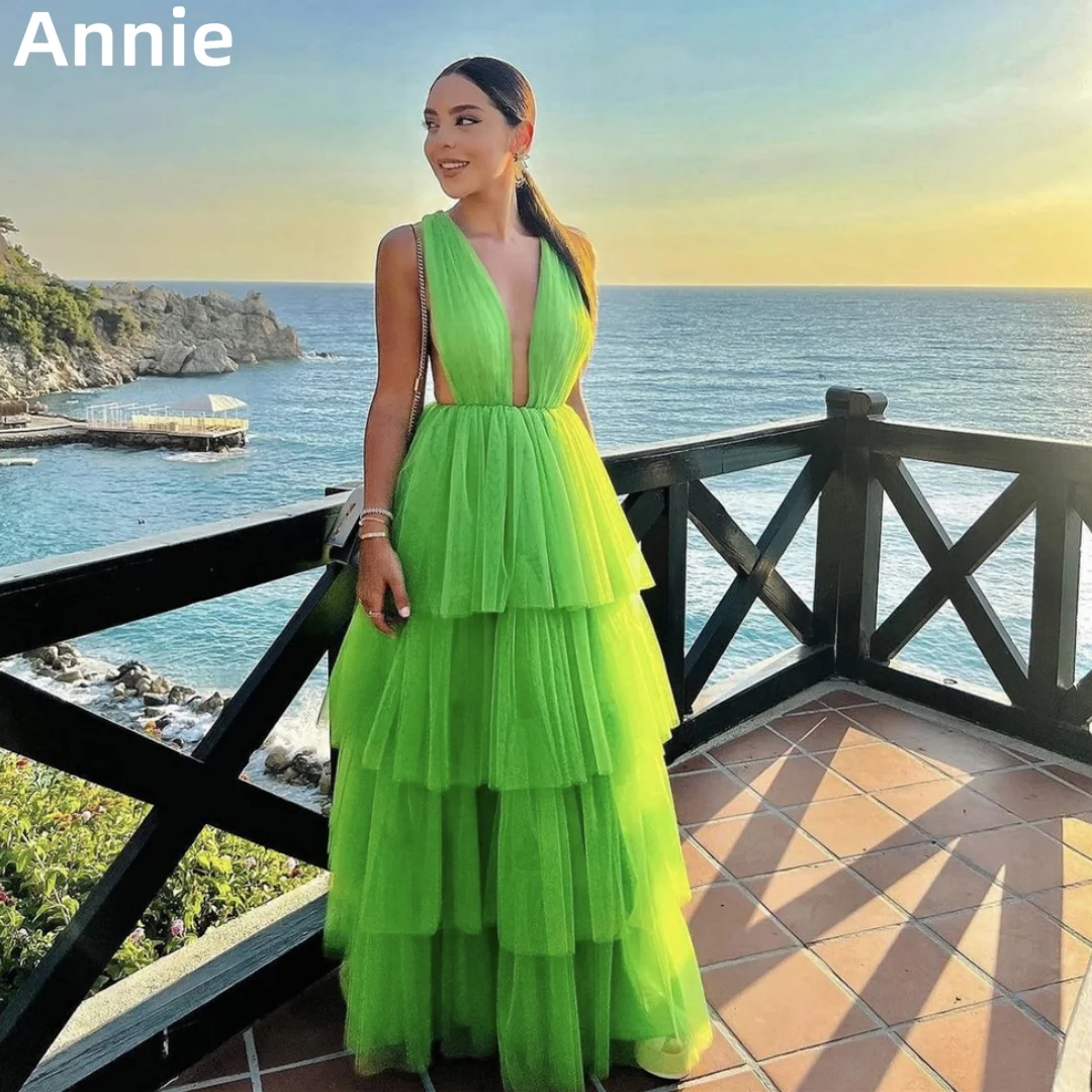

Annie Green Prom Dresses Sexy Deep V Neck Tulle Layering Evening Dresses Women's Wedding Party Dresses 2024 Vestidos De Fiesta