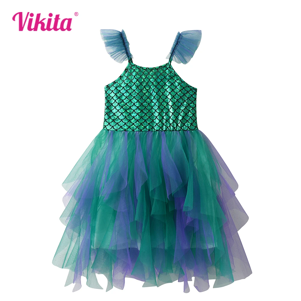 

VIKITA Kids Sling Dress Girls Mermaid Print Sleeveless Summer Dresses Kids Irregular Party Travel Beach Dress Children Clothes
