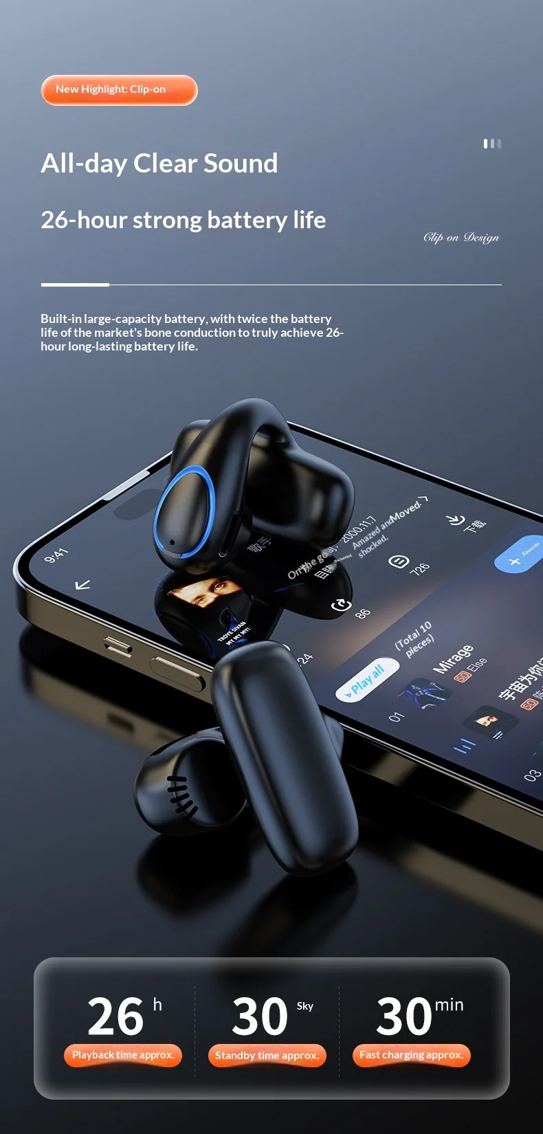Einzelohr Knochenschall Sportkopfhörer Kabellos Bluetooth_voghion.com