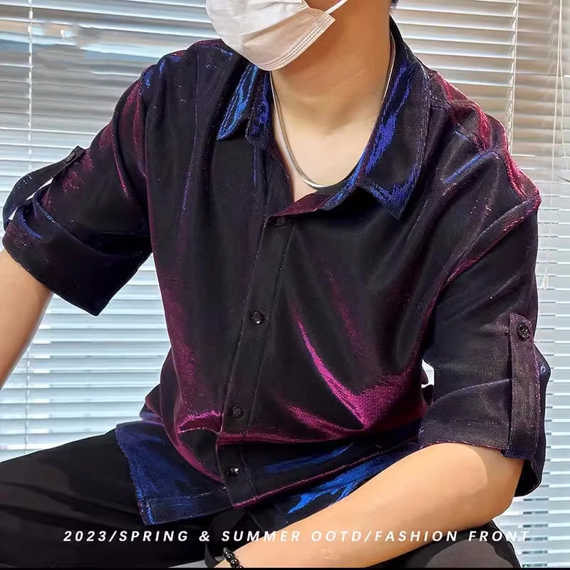

2023 Men's Fashion Trend Gradient Colorful Short Sleeve Shirt High Quality Lapel Collar Casual Business Solid Color Shirts
