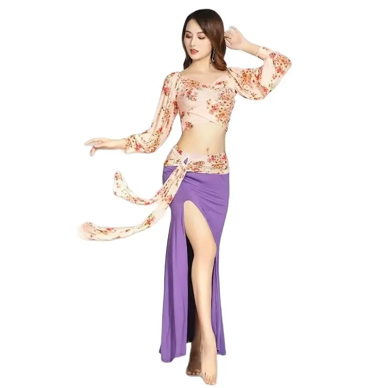 

Женский тренировочный костюм для танца живота, приталенный костюм большого размера с цветочным принтом для восточных танцев, одежда для шоу и фестиваля, весна-лето 2023