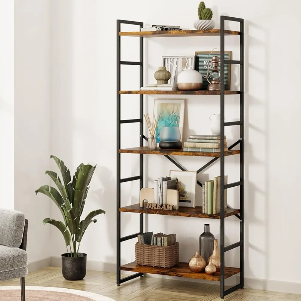 

5 Tiers Bookshelf, Modern Book Holder in Bedroom/Living Room/Home/Office, Storage Rack Shelves for Books/Movies-Rustic Brown