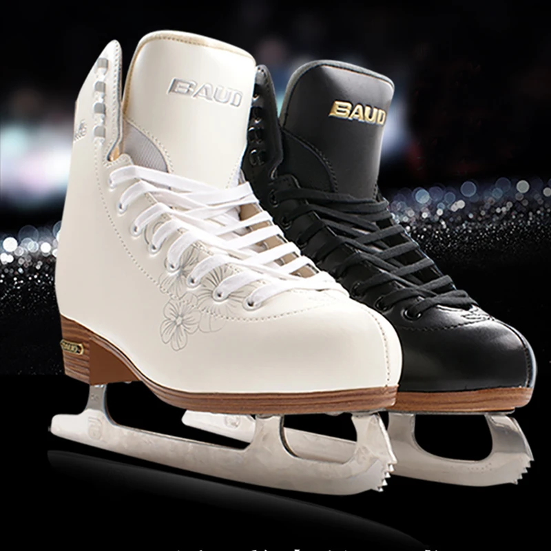 Kids Children Professional Genuine Leather Thermal Warm Thicken Figure Ice Skates Shoes With Ice Blade PVC Waterproof White