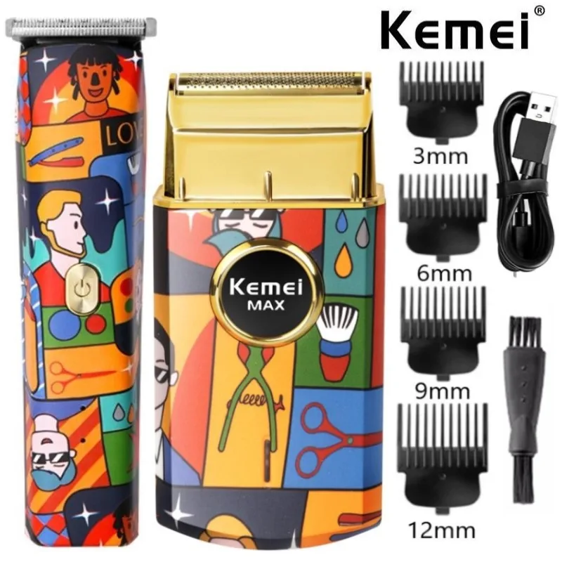 Kemei Cordless Single Foil Men Shaver Style Craft Graffiti Professional Lithium ion Razor Professional T-Blade Hair Clipper set