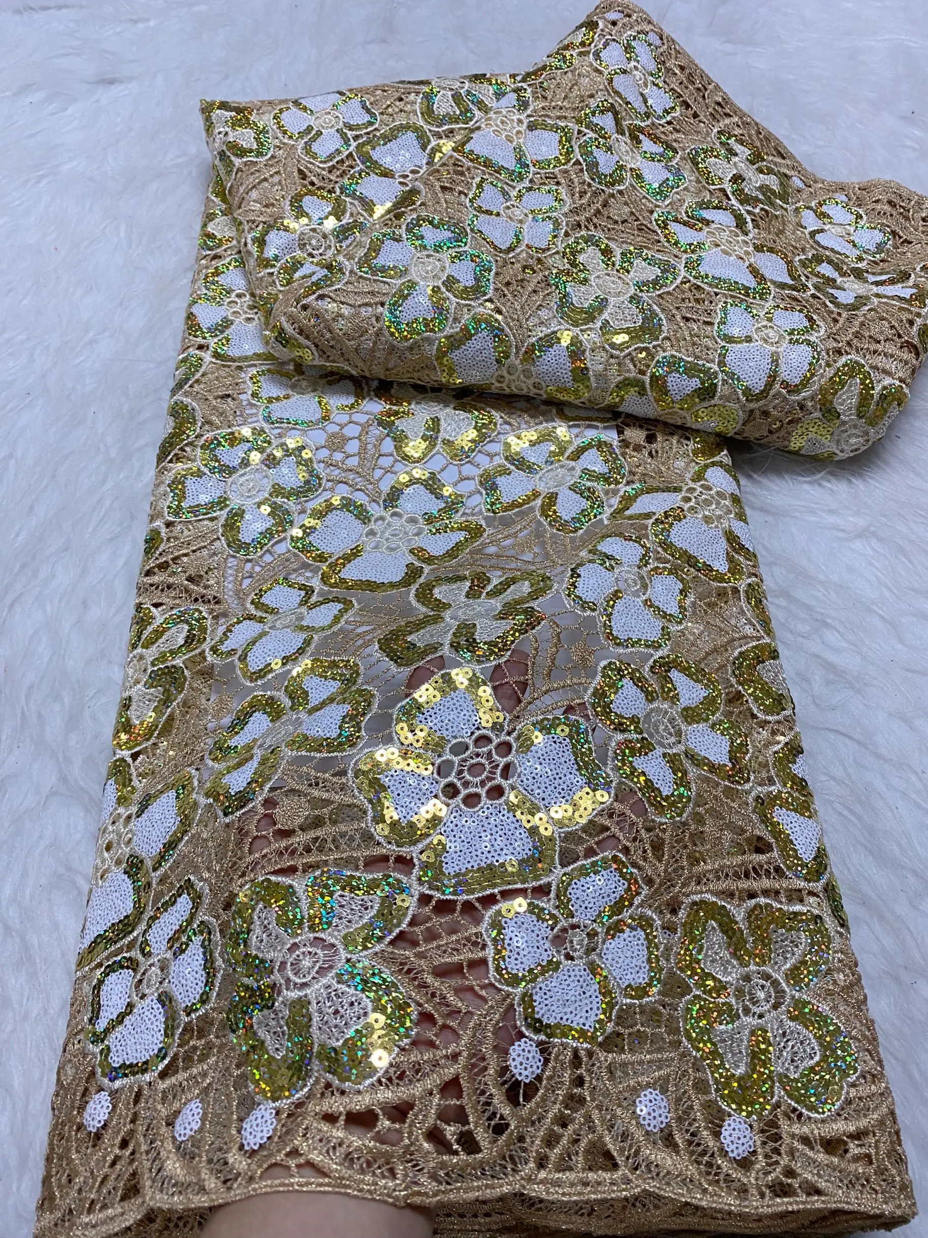 

2024 высококачественная искусственная ткань, вышивка, блестки для платья, Французская ткань из гипюра для шитья, 5 ярдов