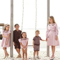 AP Chocolate Collection 2025 Spring Summer Embroidery Family Matching Clothing Set Girl Dress Baby 2-Pieces Blazer Shirt Shorts 1