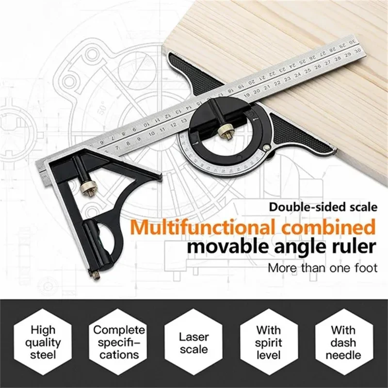 Square Right Angle Ruler Protractor Movable Square Woodworking Angle Ruler Stainless Steel Measuring Tools Multi Combination Set 2