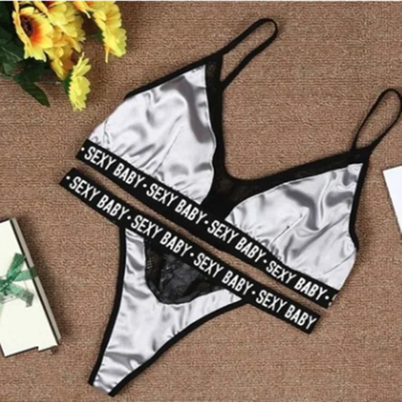Sexy Women's Underwear Sets Bra and Panty Set Bralette Women Letter Print Lace Patchwork