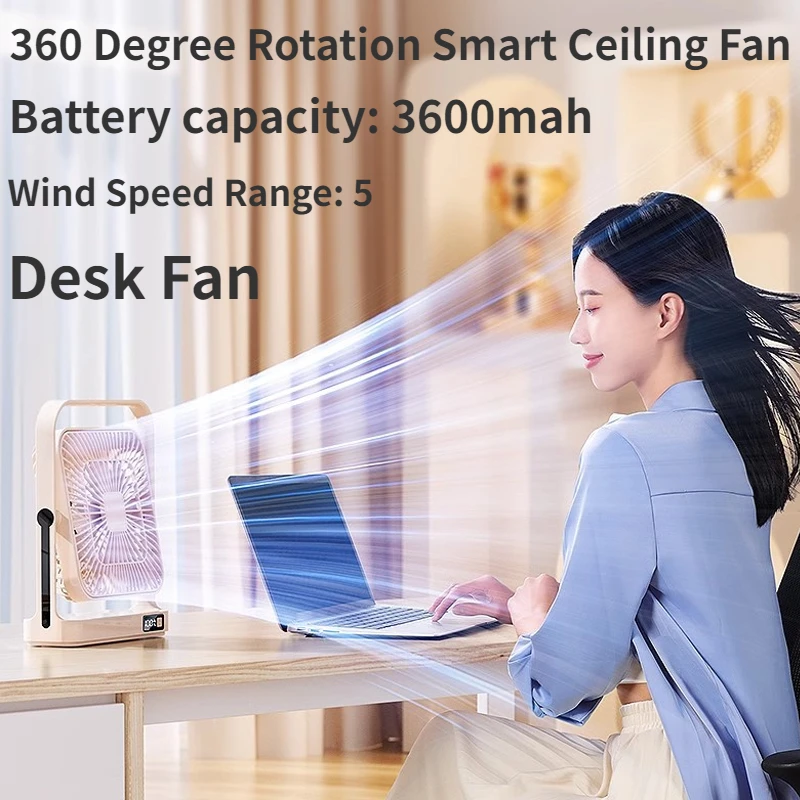 

New 360 Degree Rotation Smart Ceiling Fan 3600mah Rechargble USB High Endurance Battery Table Electric Fans for Camping Summer