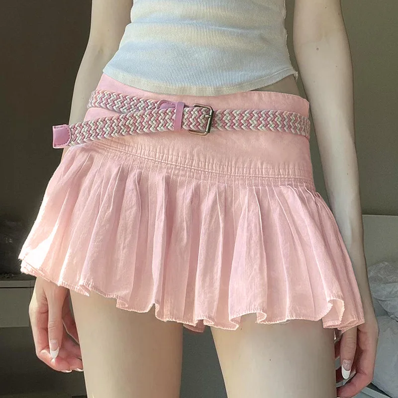 

Sexy Pink Mini Pleated Skirt for Summer Women Skirts 2024 New Fashion Solid Skinny Low Waist Lined Skirt for Ladies