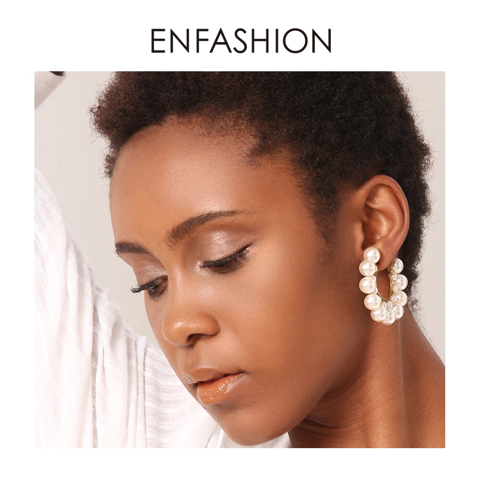 Enfashion Pearl Hoop Earrings For Women Gold Color Round Earring Big Circle Hoops Earings Fashion Jewelry Pendientes Aros EB1094