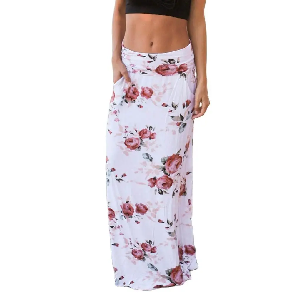 

2022 Boho Summer Women Skirts white Flower Print Low Waist Long Maxi Skirt with Pockets Skirts for women jupe