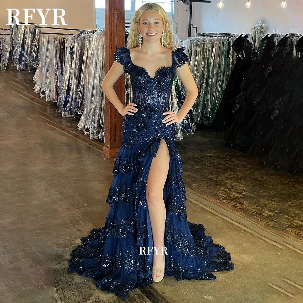 RFYR A Line Evening Dress Off Shoulder Tassels Prom Dress Applique Vestidos De Noche Shiny Party High Slit Customized
