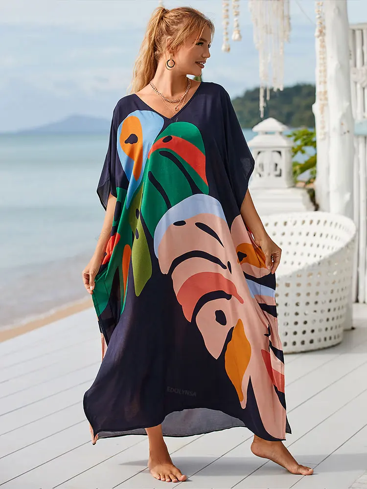 2024 nadruk w stylu Boho damska odzież letnia Kaftan Plus Size dekolt w szpic rękaw w kształcie skrzydła nietoperza odzież plażowa Maxi sukienka Sarong Q1476