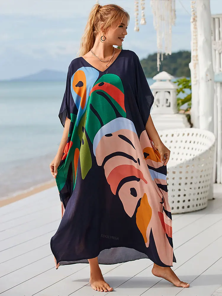 2024 boho Nyomtatott Kaftán Födémgerenda Öltözet Nők Vmint méret v-neck batwing Ingujj beachwear cover-ups maxi ruhát Bor színe Maláj szoknya Q1476